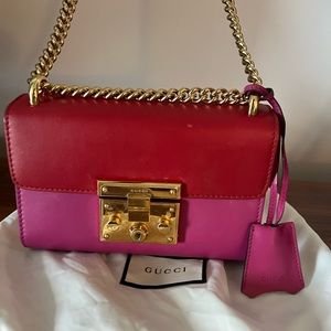 Gucci Small Padlock Flip Pink Red Leather Shoulder Bag. Used. Good condition